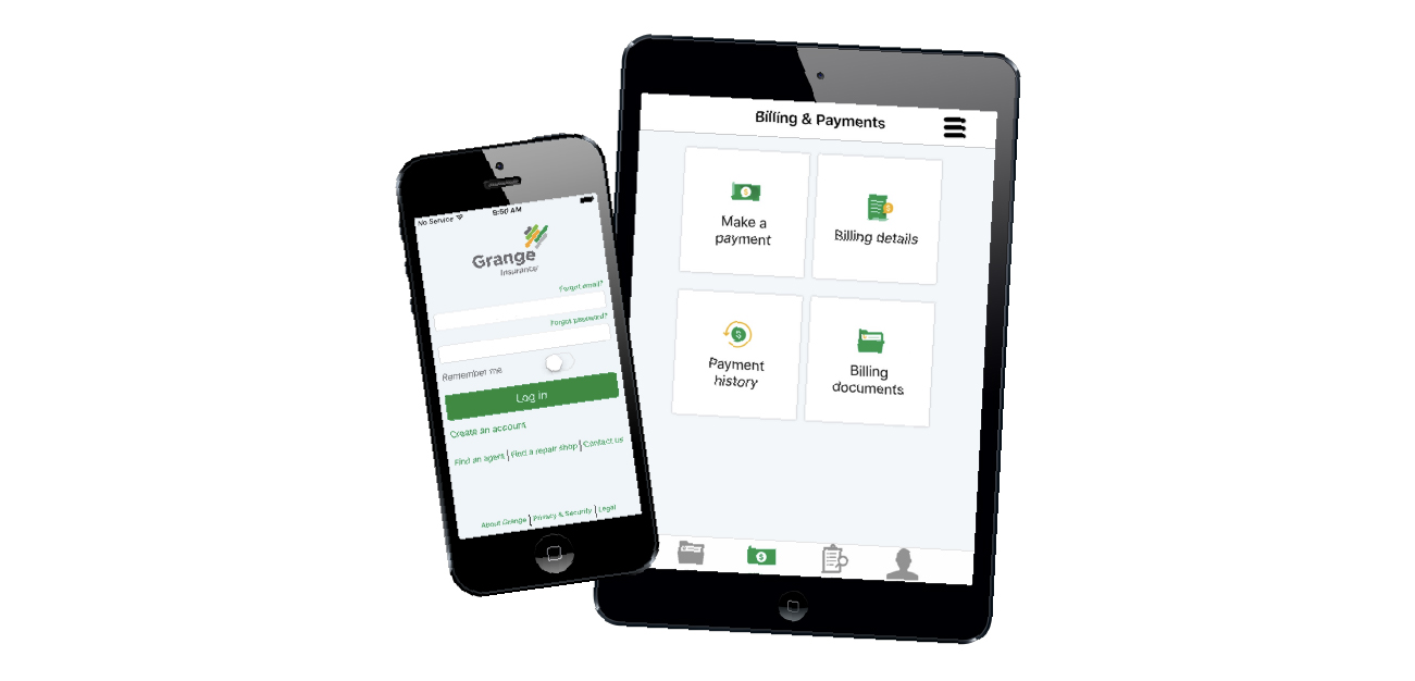 A tablet and a smartphone both displaying the Integrity Insurance Mobile app on their screens.